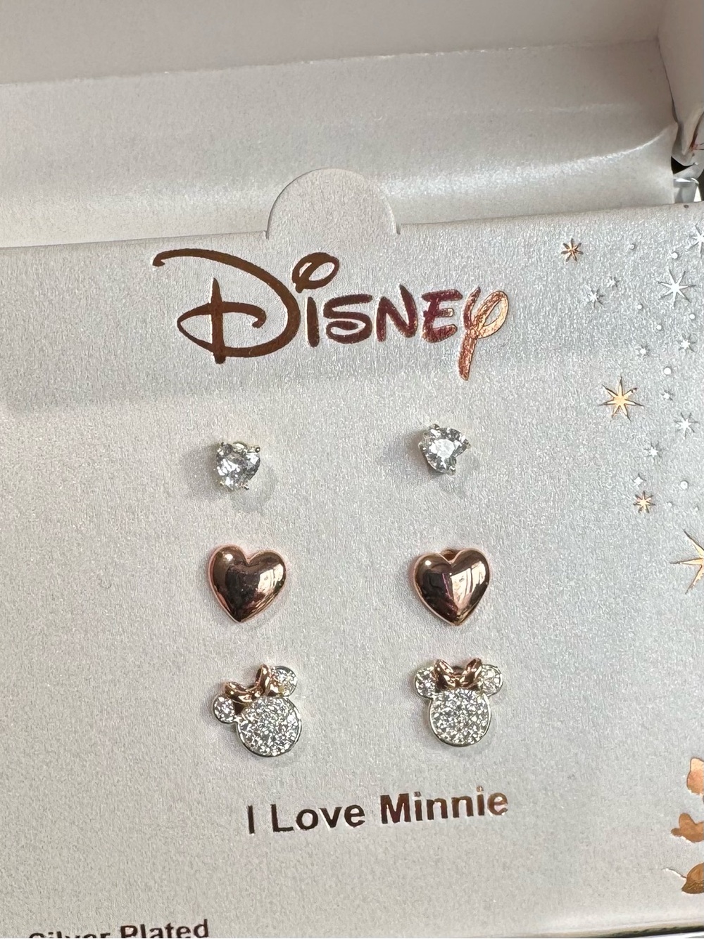 Disney Minnie Mouse Pierced Crystal Hearts Silver Rose Gold Stud Earring Set - Picture 2 of 7